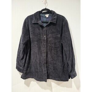 LL Bean Corduroy Shacket Women Large Black Shirt Jacket Pocket Lined 100% Cotton